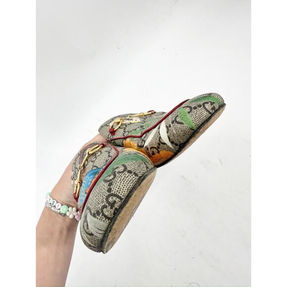 Gucci Princetown Gold Horsebit Tian GG Monogram Bird Print Canvas Mules Size 37 - Picture 5 of 9